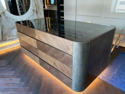 Luxury kitchen island with diamond marquetry and parchment applications, exclusive centerpiece