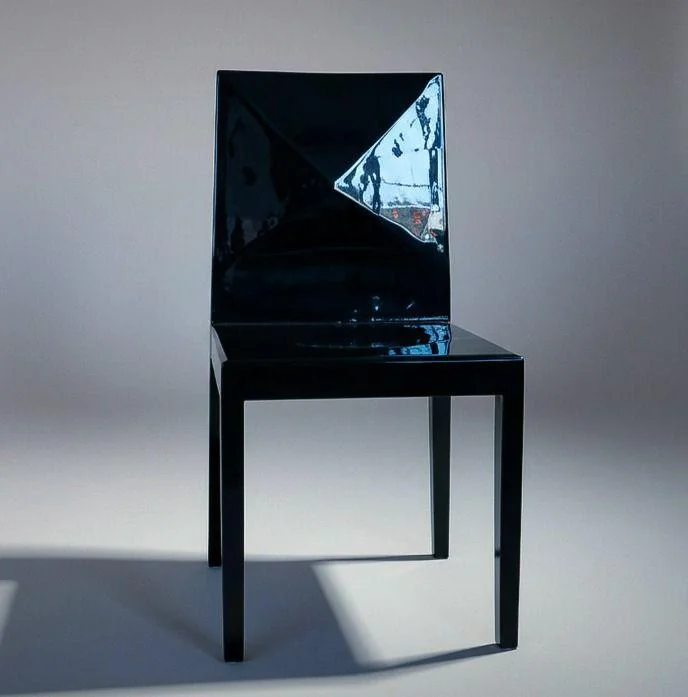 Exclusive design black lacquer chair and faceted diamond backrest, functional art piece